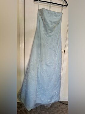 Precious Formals Light Blue Embroidered Strapless Maxi Gown